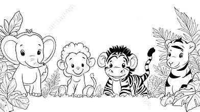 Cute Safari Animals Baby Black and White, Cartoon Zebra, Elephant, Monkey and Tiger