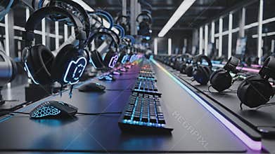 Robotic Arm Assembly Line Manufacturing Gaming Peripherals with RGB Keyboards and Mice Automation Technology in