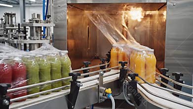 Juice Bottles Conveyor System in Food Factory for Beverage Industry Production Line with Orange Green and Red Colors on
