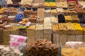 Colorful array of nut, spices and dried fruits