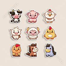 Kawaii Farm Animals Set Featuring Cow, Pig, Sheep, Chicken, Rooster, Duck, Horse, Goat, and Donkey in a Pastel Color