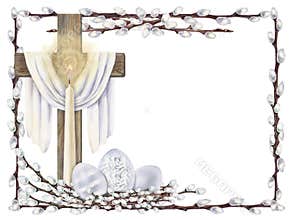 Easter frame of willow branches with a cross, painted eggs. Botanical watercolor template for spring renewal and the Easter