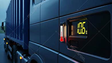 Refrigerated Truck Temperature Display Showing 17.6 Degrees with Blue Cargo Container on Blurred Asphalt Road Under Overcast Sky