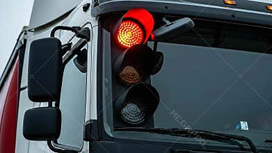 Illuminated Red Light on Meat Delivery Truck in a Transportation Depot with Cabin Interior and Windshield Wipers under Gray Sky