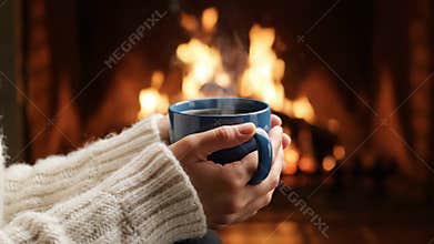Enjoying a warm drink by the fireplace during a cozy winter evening with friends and family Generative AI