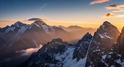 Majestic snow capped mountain range at sunset with dramatic light rays peak summit