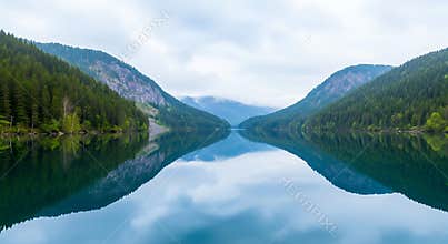 Calm lake reflecting green forested mountains under cloudy sky water reflection