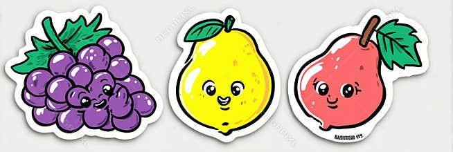 Colorful Cartoon Fruit Stickers Featuring Cute Faces of Grapes, Lemons, and Pears on a Light Background Creating a