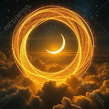 Fantasy Sky with Crescent Moon and Radiant Vortex