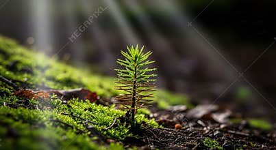 Young pine sapling growing in mossy forest floor with sunbeams