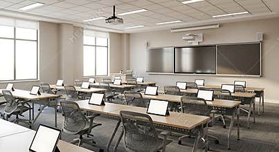 Modern classroom with tablets on desks ready for students and interactive whiteboard use