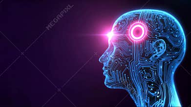 Digital human head with circuit on power button element into a head. Abstract AI robot with HUD bright neon light element as Power