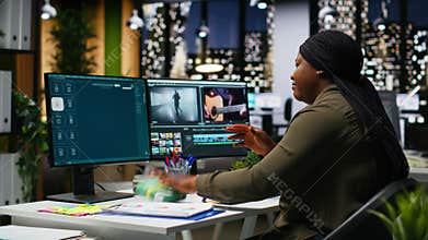 Fatigued drained videographer works on film montage with migraine