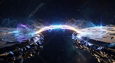 Abstract digital bridge with glowing particles connecting two rocky platforms in space