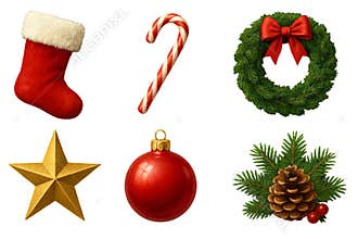 Png set of christmas symbols including stocking, candy cane, wreath, star, bauble, and pinecone isolated on transparent background