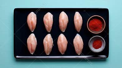 Raw chicken breasts arranged on a black plate, with small bowls of spices set on a blue background