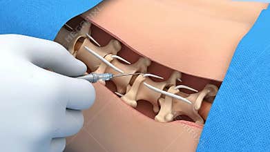 Spinal Injection Illustration for Epidural Anesthesia on Patient Covered with Blue Sheet Revealing Vertebrae and Spinal Cord