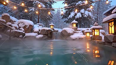 Magical Winter Hot Spring (Onsen) with Glowing Lanterns and String Lights at Dusk