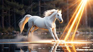 Golden Gallop: Majestic White Horse in Radiant Motion