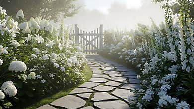 Lush garden pathway lined with abundant white flowers leading toward a wooden gate