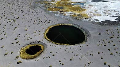 Aerial view of Ojos de Campo in the Antofalla salt flat, Catamarca