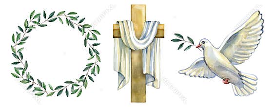 Watercolor collection of religious Easter elements. Includes a green olive branch wreath, a golden wooden cross draped with white