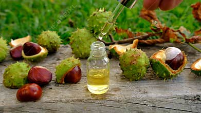 Horse chestnut tincture and supplements. Selective focus.