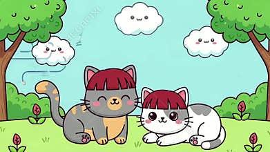 Cute Cartoon Cats Enjoying a Sunny Day Outdoors