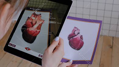 Woman using tablet device with augmented reality app - 3d model of human heart