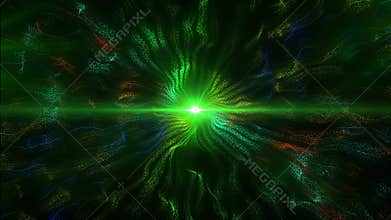 Green glitter light circle, sparkling shine glow oval and light digital waves with multicolored particles