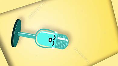 Vertical animation of a colored microphone. Podcasting, media and vocals concept. Bright yellow background. copy space