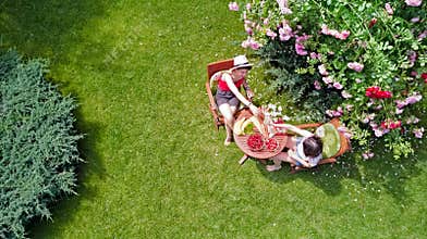 Friends eating together outdoors in summer garden, girls have picnic in park, aerial view of table with food and drinks