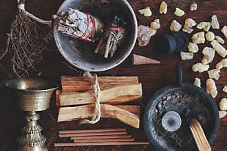 Various kinds of air element objects to use in witchcraft and wicca on witch`s altar