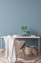 Interior wall mockup, natural wooden home office with green tree branch on empty blue wall