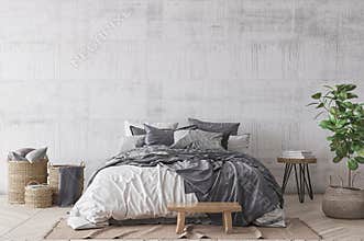 Scandinavian style bedroom mockup, home interior design, rustic gray room design
