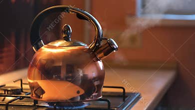 A metal silver teapot on a gas stove in the kitchen at home. Concept. Close up of steel kettle with boiling water