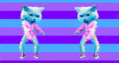Minimal motion art. Funny dancing Cat in colours background
