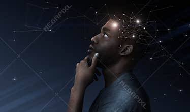 Thoughtful african man with illustration of brain activity process