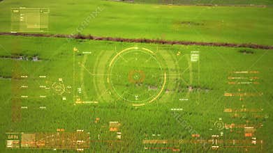 Drone shot flying aerial view with User interface text graph bar and target pointer element futuristic and cyber technology