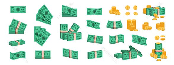 Bundle of money. Currency coins and banknotes, collection of flat 3D green dollar stack. Vector pile of golden coins