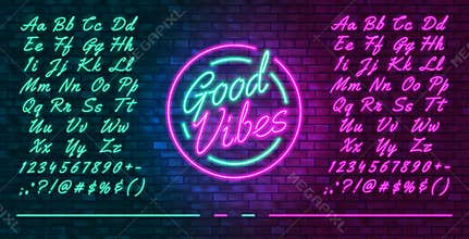Neon futuristic font, luminous blue and pink uppercase and lowercase letters, colorful bright neon hand drawn typeface, glowing