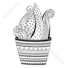 Hand drawn succulent, cactus and pot. Doodles elements. Black and white. Coloring book page anti stress relax for adult. Summer,