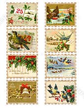 Set of eight vintage Christmas bird holly stamps