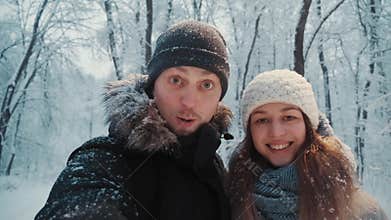 POV shot of millennial overjoyed couple vloggers recording video for travel blog