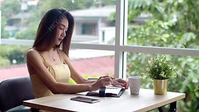 Young pretty woman use smart watch contactless payment