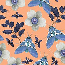 Pattern with moths and herbs