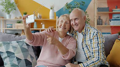 Elderly couple man and woman taking selfie with smartphone camera at home