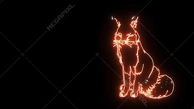 Fox neon 2d animation on black background. White and yellow-red lights glowing and forming body of wild animal on right