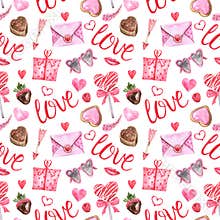 Valentines day themed seamless pattern. Watercolor love letter, pink and red hearts, desserts, treats, candies, arrows, lips