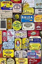 A European selection of canned fish with a retro packaging design